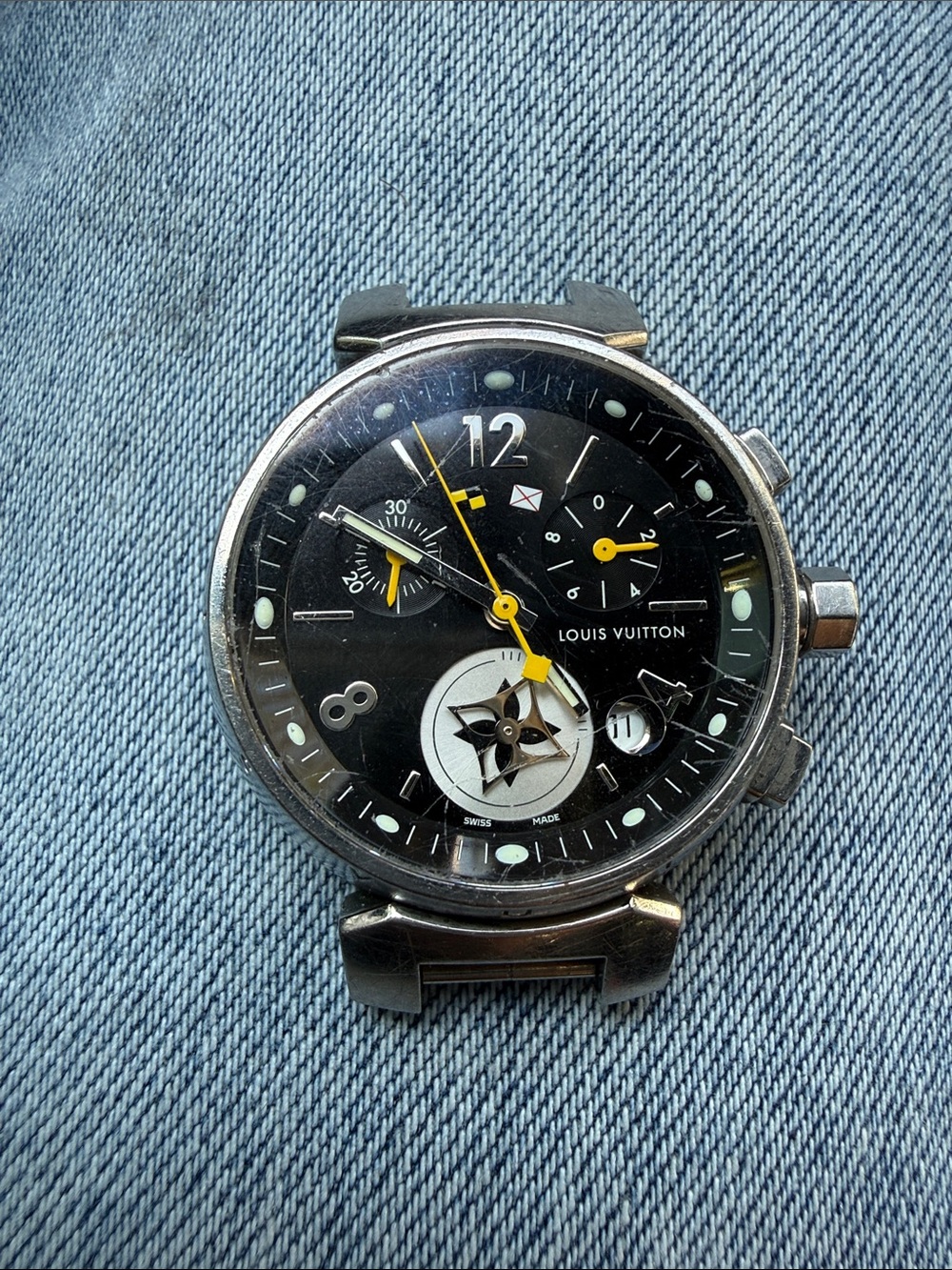 Louis Vuitton Black Dial Men’s Chronograph Watch with Yellow Accents